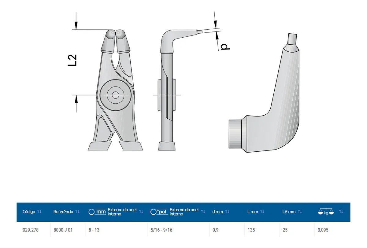 ALICATES PARA ANEIS INTERNOS PONTAS FIXAS CURVA 90 8000J21