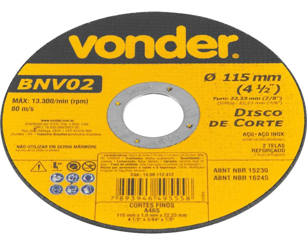 Disco De Corte 115 Mm X 1,0 Mm X 22,23 Mm Bnv 02 Vonder 2